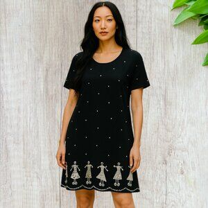 NOTATIONS CLOTHING CO. -- Black Shift with Dots, Prints of Dresses Along Hem